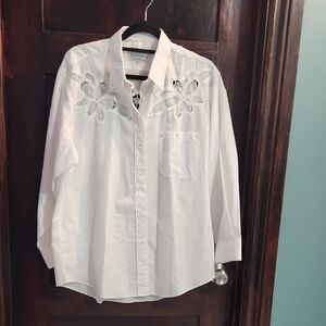 White Cotton Button-Up Shirt with Floral Cutouts